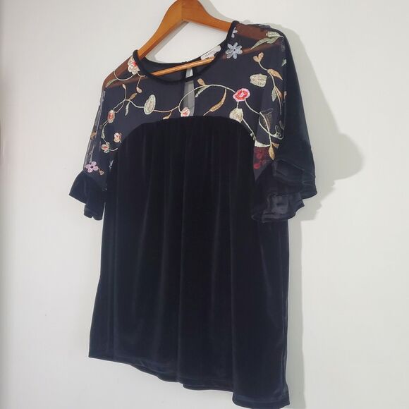 Pleione Top Large Black Velvet Sheer Floral Embroidered Fairy Whimsygoth Gothic - Picture 6 of 13